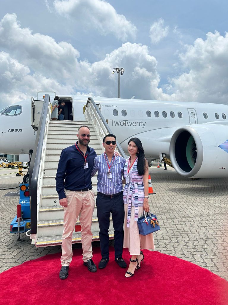 PBEC’s Isola Capital CEO Anthony Chan & Denise Man visit the A220 VIP aircraft on tour in Asia at HKBAC Facility – Apr 2024